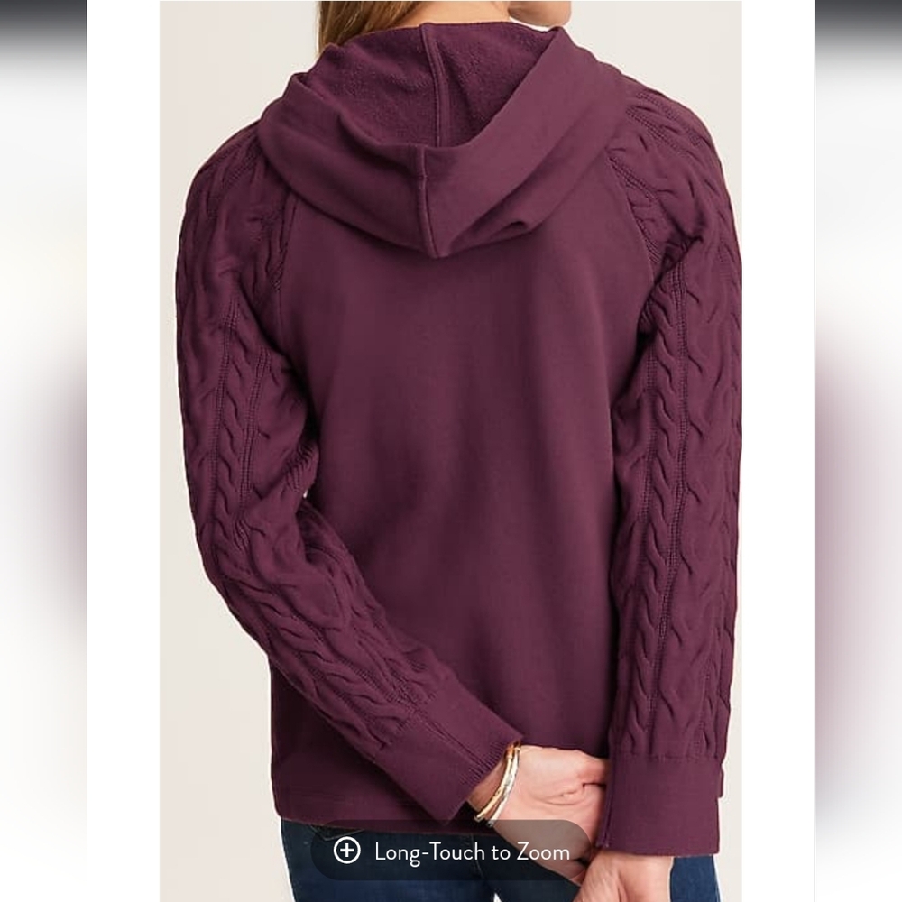 J.Jill French Terry & Cable Knit Sleeve Hoodie, Cotton, Purple, Size XL, NWT - Picture 4 of 13